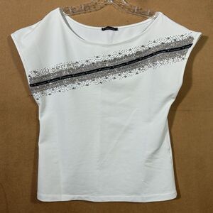 Giuseppe Zanotti Embellished Rhinestone Beaded Logo Shirt Sz L White Cap Sleeves